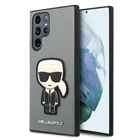 Etui Karl Lagerfeld Samsung S22 Ultra hard case srebrny Saffiano Ikonik Karl`s Patch KLHCS22LOKPG