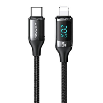 USAMS kabel pleciony z LED usb typ C do Lightning czarny 120cm 20W