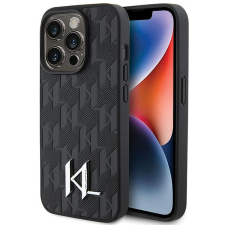 Etui Karl Lagerfeld iPhone 15 Pro Max 6.7" czarny hard case Leather Monogram Hot Stamp Metal Logo KLHCP15XPKLPKLK