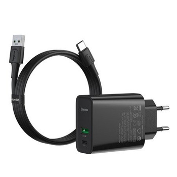 Baseus ładowarka sieciowa Speed PPS 1xUSB Quick Charge + 1xPD Power Delivery 30W czarna + kabel VOOC 100cm