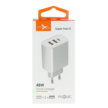 Ładowarka sieciowa usb Typ C + 2x usb QC 48W eXtreme biała
