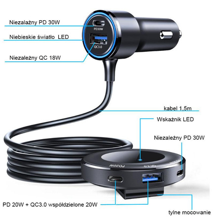 Ładowarka samochodowa 5xUSB : 3xPD + 2xQC 98W eXtreme  z przewodem 1.5m
