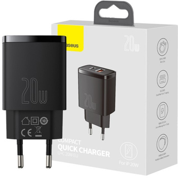 Baseus ładowarka sieciowa Compact 2xUSB  QC + PD 20W Power Delivery czarna