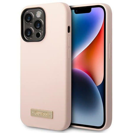 Etui Guess iPhone 14 Pro Max 6.7" różowy hard case Silicone Logo Plate z MagSafe GUHMP14XSBPLP