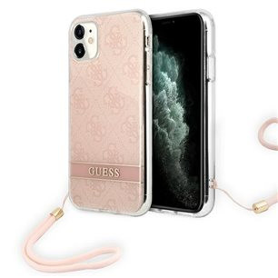 Etui Guess iPhone 11 różowy hard case 4G Print Strap GUOHCN61H4STP