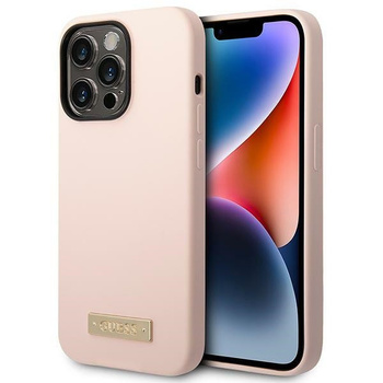 Etui Guess iPhone 14 Pro Max 6.7" różowy hard case Silicone Logo Plate z MagSafe GUHMP14XSBPLP