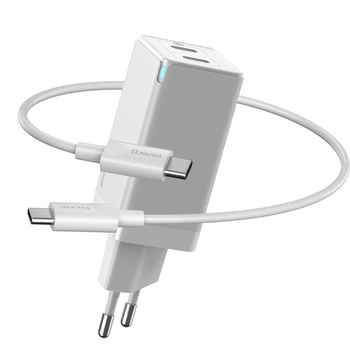 Baseus ładowarka sieciowa GaN 2 x usb typ C 45W biała + kabel usb typ C-C PD