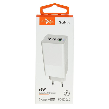 Ładowarka sieciowa GaN 65W 2x usb Typ C + usb QC eXtreme biała