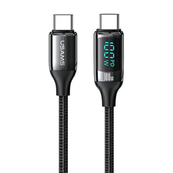 USAMS kabel pleciony z LED 2xUsb typ C Power Delivery czarny 120cm 100W
