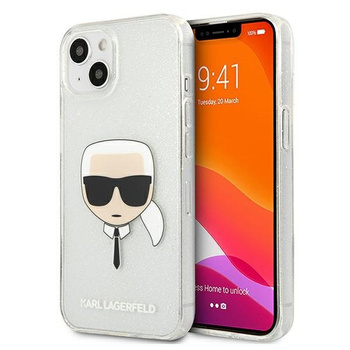 Etui Karl Lagerfeld iPhone 13 Mini srebrny hard case Glitter Karl`s Head KLHCP13SKHTUGLS