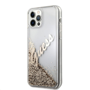Etui Guess iPhone 12 Pro Max 6,7" złoty hard case Glitter Vintage Script GUHCP12LGLVSGO