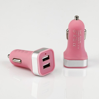 Adapter samochodowy Mini  Pro USB 2xUSB 3.1A różowy