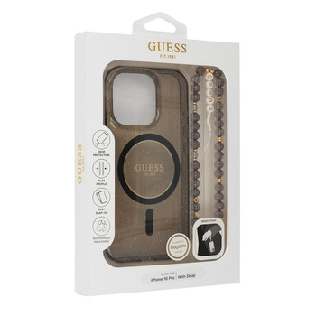 Etui Guess iPhone 16 6.1" czarny IML Glitter With Pearl Strap z Magsafe GUHMP16SHGCRELSK