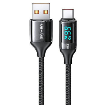 USAMS kabel pleciony z LED usb typ C czarny 120cm 6A