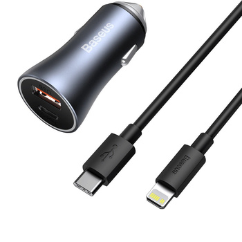 Baseus ładowarka samochodowa Golden Contactor Pro 2xUSB Quick Charge + Power Delivery 40W szara + kabel typ C - Lightning