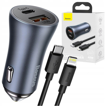 Baseus ładowarka samochodowa Golden Contactor Pro 2xUSB Quick Charge + Power Delivery 40W niebieska + kabel typ C - Lightning