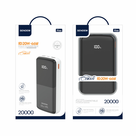 Sendem Power Bank 20000mAh 2 x QC + PD  max. 66W biały