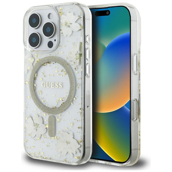 Etui Guess iPhone 16 Pro Max 6.9" beżowy Flowers Glitter z MagSafe GUHMP16XRBFGFGME
