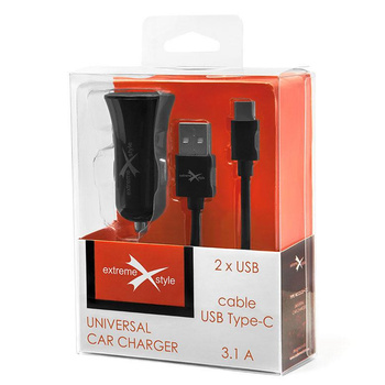 Ładowarka samochodowa 2xUSB + kabel Typ C 3.1A eXtreme