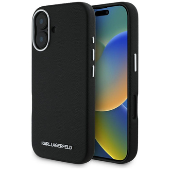 Etui Karl Lagerfeld iPhone 16 6.1" czarny Saffiano Full Wrapped Elongated Metal Logo z Magsafe KLHMP16SPSAFWMCK