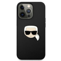 Etui Karl Lagerfeld iPhone 13 Pro czarny hard case Leather Ikonik Karl`s Head Metal KLHCP13LPKMK