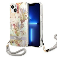 Etui Guess iPhone 13 fioletowy hard case Flower Strap GUHCP13MHFLSU